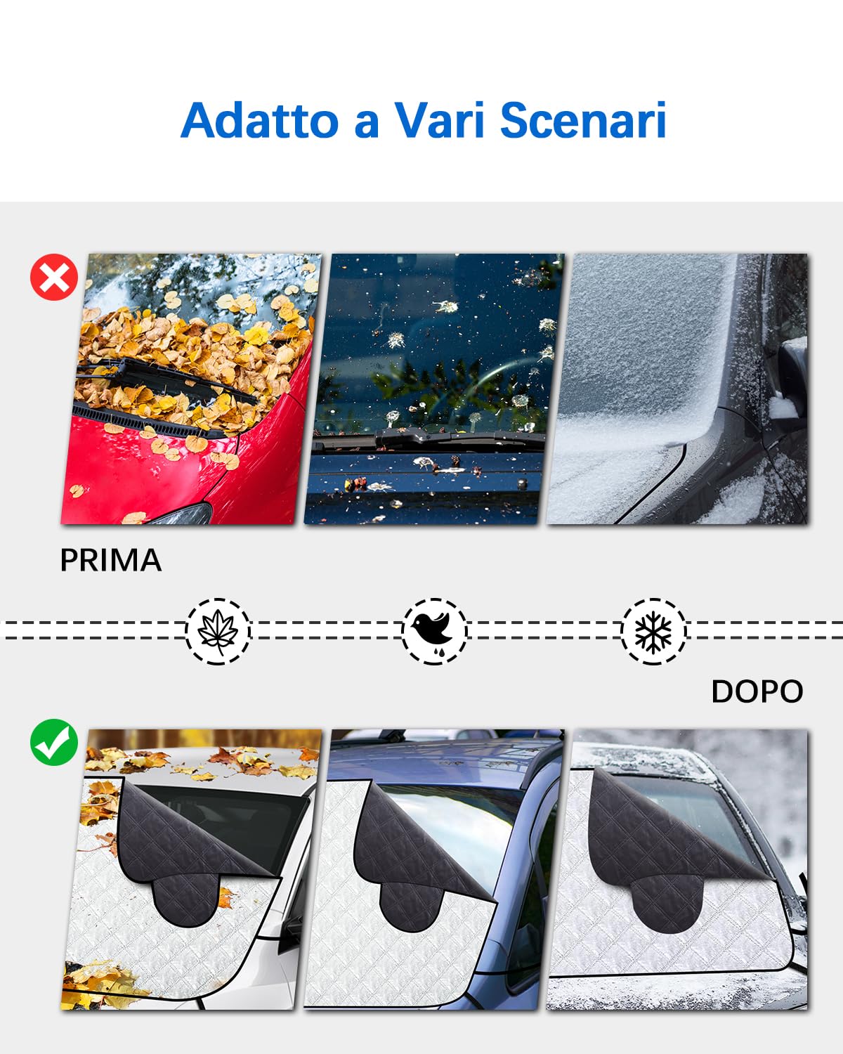 Parasole per Parabrezza Auto Copertura antineve con Cinghia, Parasole per Neve e Ghiaccio, Protezione per Parabrezza, Copertura Antipolvere, Telo copriauto per Inverno e Estate