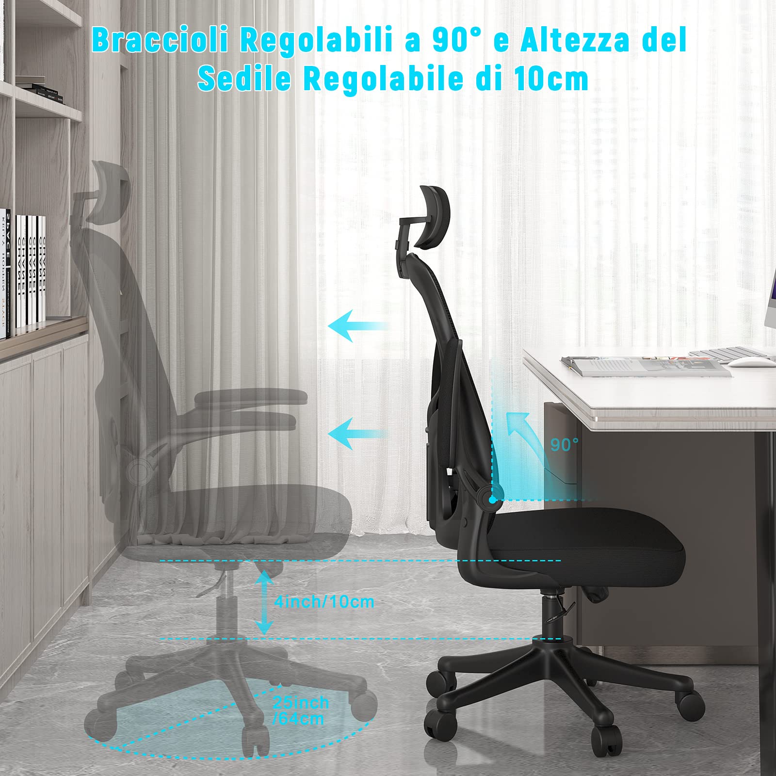 naspaluro Chaise Bureau avec Accoudoir Réglable, Fauteuil Ergonomique en Maille Respirante avec Soutien Lombaire, Dossier Inclinable et Hauteur Réglable, Noir