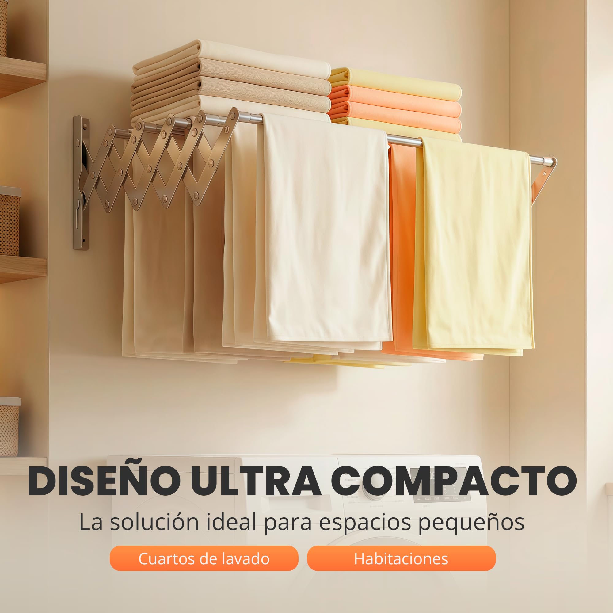 JUPPLIES Tendedero Extensible Pared 100 cm - Tendedero Plegable de Pared de Interior o Exterior Apto para Todo Tipo de Ropa con 5 Barras de Secado - Pinzas Incluidas