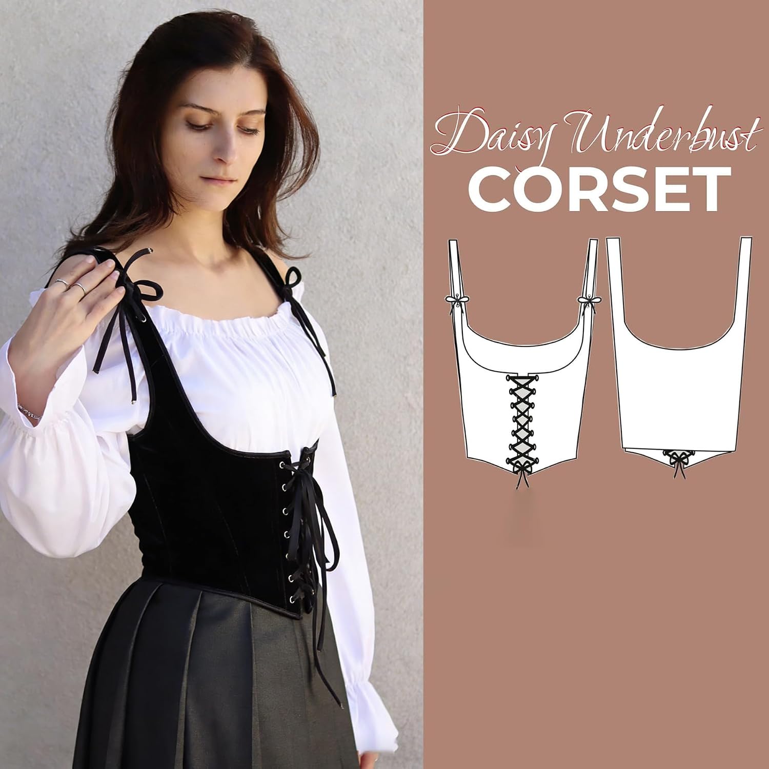 XuoAz Renaissance Underbust Corset Top for Women - Lace Up Black Velvet Bustier Overbust Bodysuit Corset