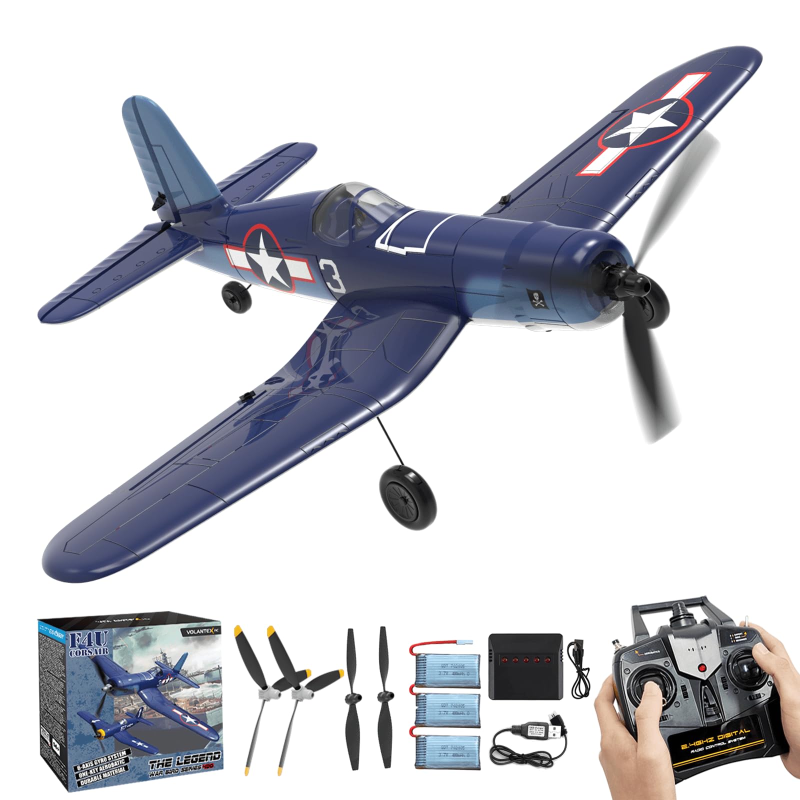 RC Planes for Adults, 4 Channel RTF F4U Corsair RC Airplanes Fighters with 6-Axis Gyro, 3 Flight Modes and One-Key Aerobatic Function, Wingspan 400mm, Suitable for Outdoors and Gifts