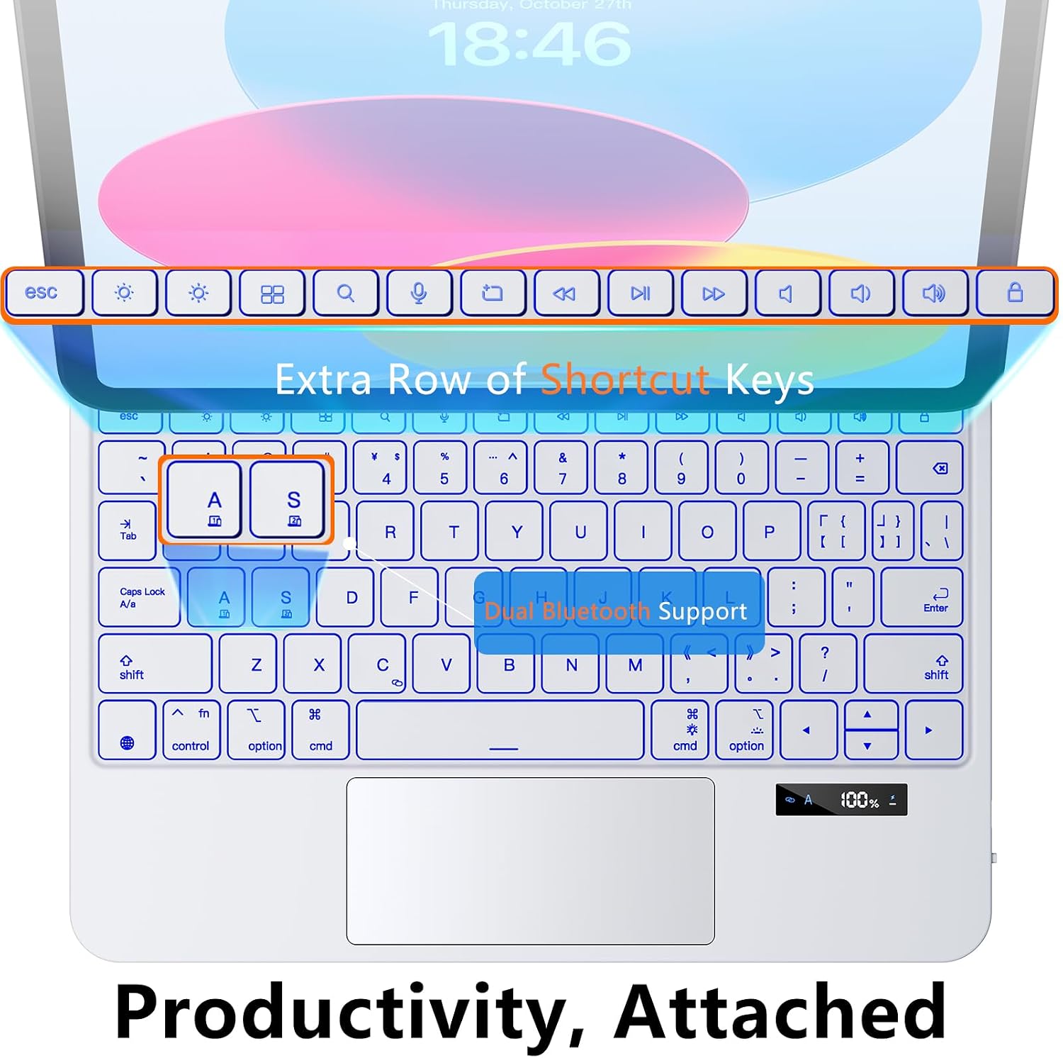 JUQITECH Magic Keyboard for iPad 11th Gen A16 2025 & 10th Gen 10.9-inch 2022 with Multi-Touch Trackpad, LED Status Display, 6-Row Backlit Keys, Floating Magnetic Cantilever Stand Keyboard Case, White