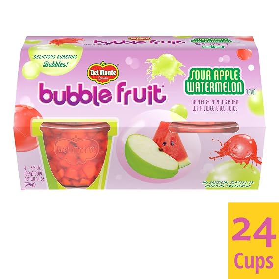 Del Monte Bubble Fruit Sour Apple Watermelon Fruit Cup Snacks, 3.5 Oz, (Pack of 6, 24 Count)