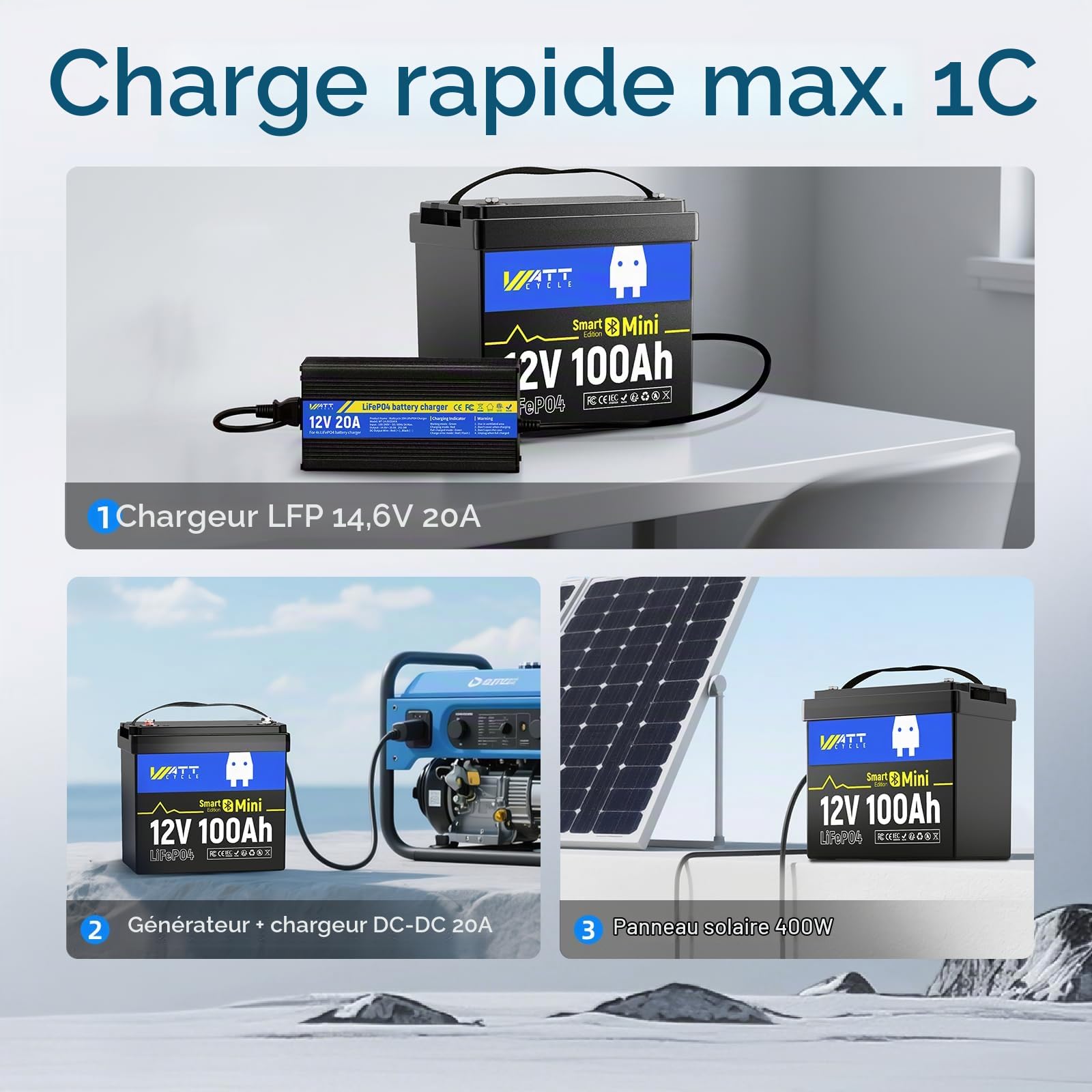 Wattcycle Batterie Lithium 12V 100Ah Mini Bluetooth,12V LiFePO4 1280Wh