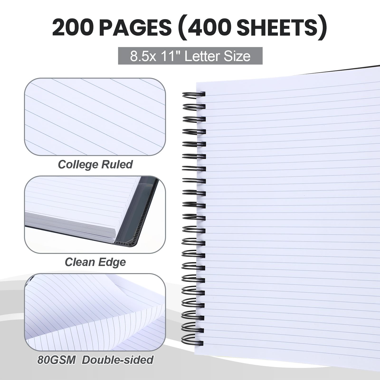 Yeaqee Lot de 4 cahiers à spirales lignés pour 5 sujets - 400 pages (200 feuilles) - 5 sujets - 21,6 x 27,9 cm - Double couverture en polyéthylène - Carnet de notes multi-sujets pour fournitures