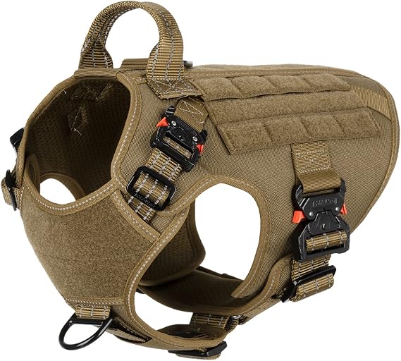 ICEFANG Tactical Dog Harness with 4X Metal Buckle,Working Dog MOLLE K9 Vest with Handle,No Pulling Front Clip,Adjustable Pet Harness for Meduim Dogs (M (25-31 Chest), Brown)