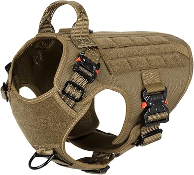 ICEFANG Tactical Dog Harness with 4X Metal Buckle,Working Dog MOLLE K9 Vest with Handle,No Pulling Front Clip,Adjustable Pet Harness for Meduim Dogs M 25"-31" Chest, Brown
