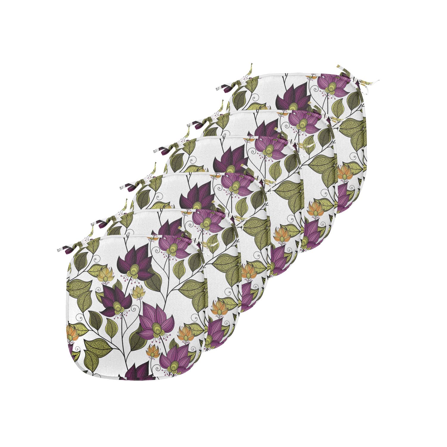 Lunarable Batik Chair Seating Cushion Set of 6, Vibrant Colored Floral Pattern with Petals and Ornate Leaves Bouquet Nature Theme, Anti-Slip Seat