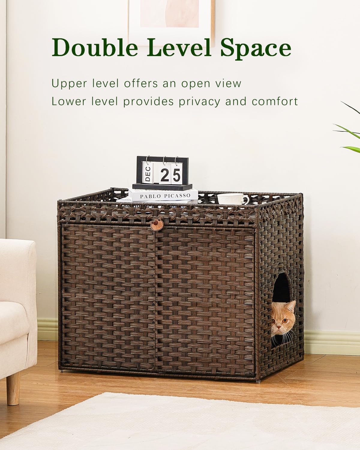 SETVSON Cat Litter Box Enclosure Furniture, Handwoven Rattan Hidden Litter Box with Mat, Large Space Cat House with 2 S-Shaped Hooks, 30.3 x 18.3 x 24.4 Inches, Indoor for Living Room Apartment Brown - image 2