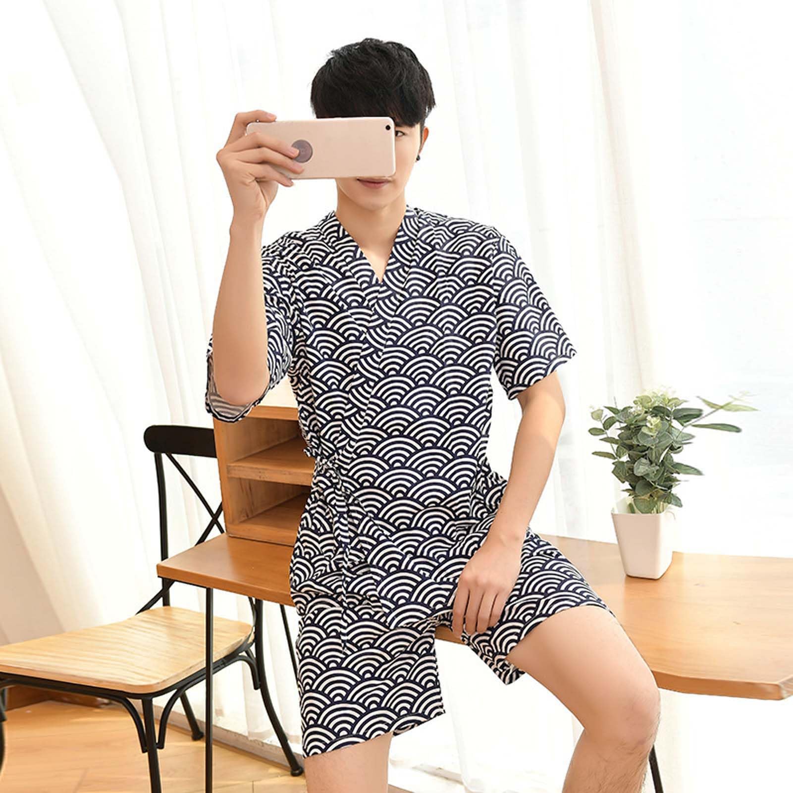ZEALMAX Kimono japonés camisa y pantalón, ropa de descanso de lino de algodón, conjunto de bata de baño, olas negras, talla única