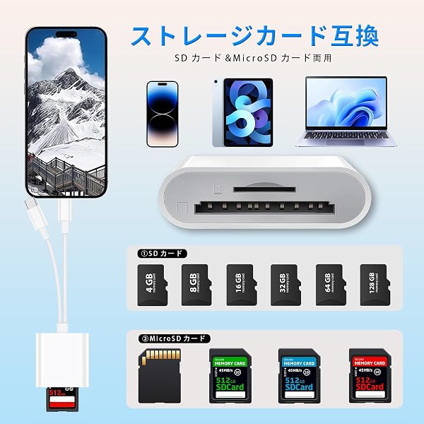 2in1 SDカードリーダー【2026年MFI認証】SDカードリーダー ライトニング 同時にUSB-Cポートをサポート USB 3.0 双方向高速転送対応 設定不要 写真/ビデオ/ドキュメント読み取り機能 Androidスマートフォン/iPhone 17/16/15/14/タブレットおよびその他のiOS/USB-C対応デバイスに対応 - 4