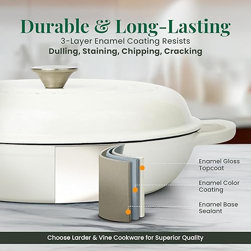 Miniatura 4 de Larder & Vine Brasera de hierro fundido esmaltado  Sartén brasera de 3.6 cuartos con tapa  Horno holandés poco profundo compatible con todas las