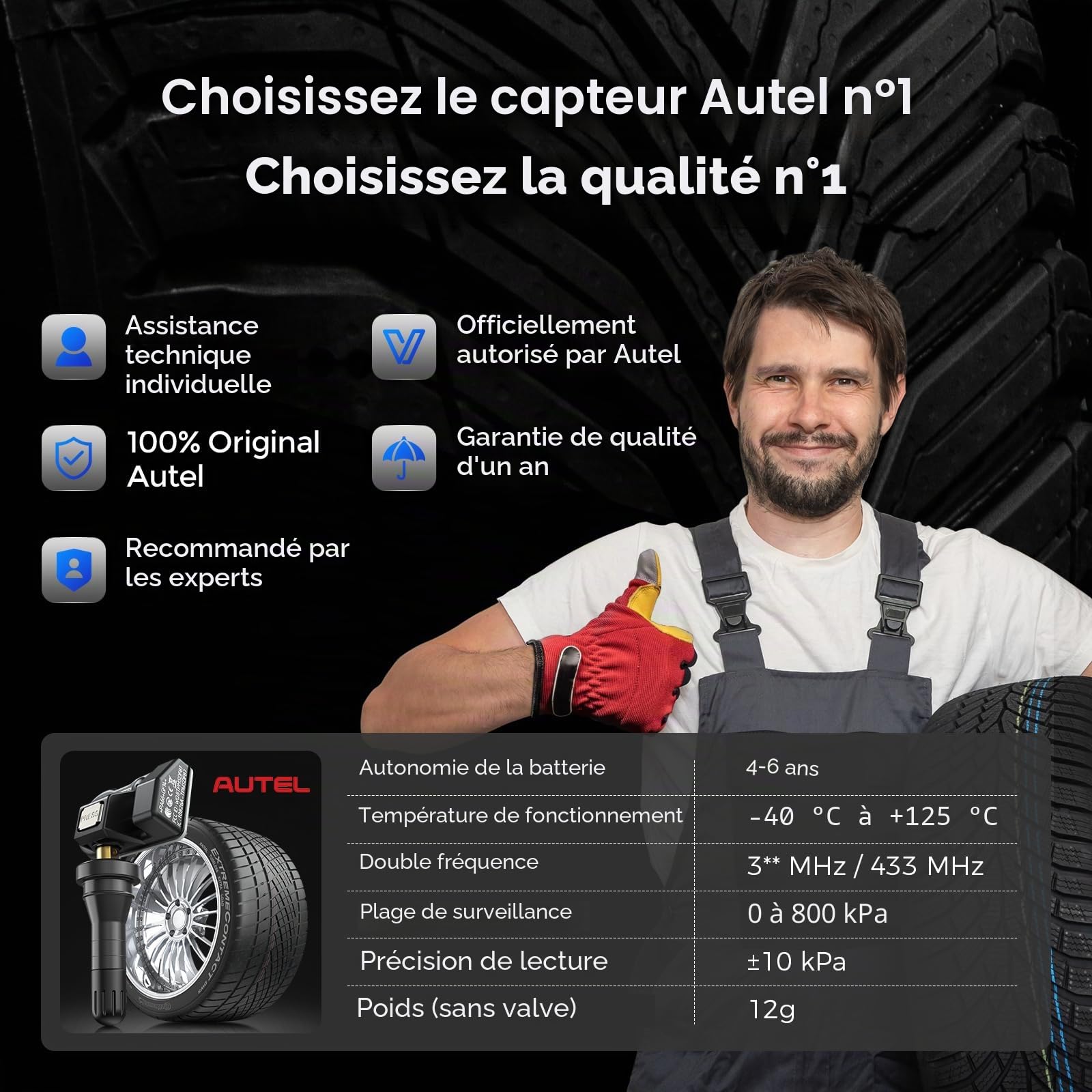 Autel TPMS Sensor MX-Sensor, Double Fréquence Capteurs TPMS pour 99% Voitures, Fonctionne avec TS508WF TS408S TS501Pro TS601, Niveau OE Programmable & Clonable TPMS Sensor (Valve en Caoutchouc, 4PCS)