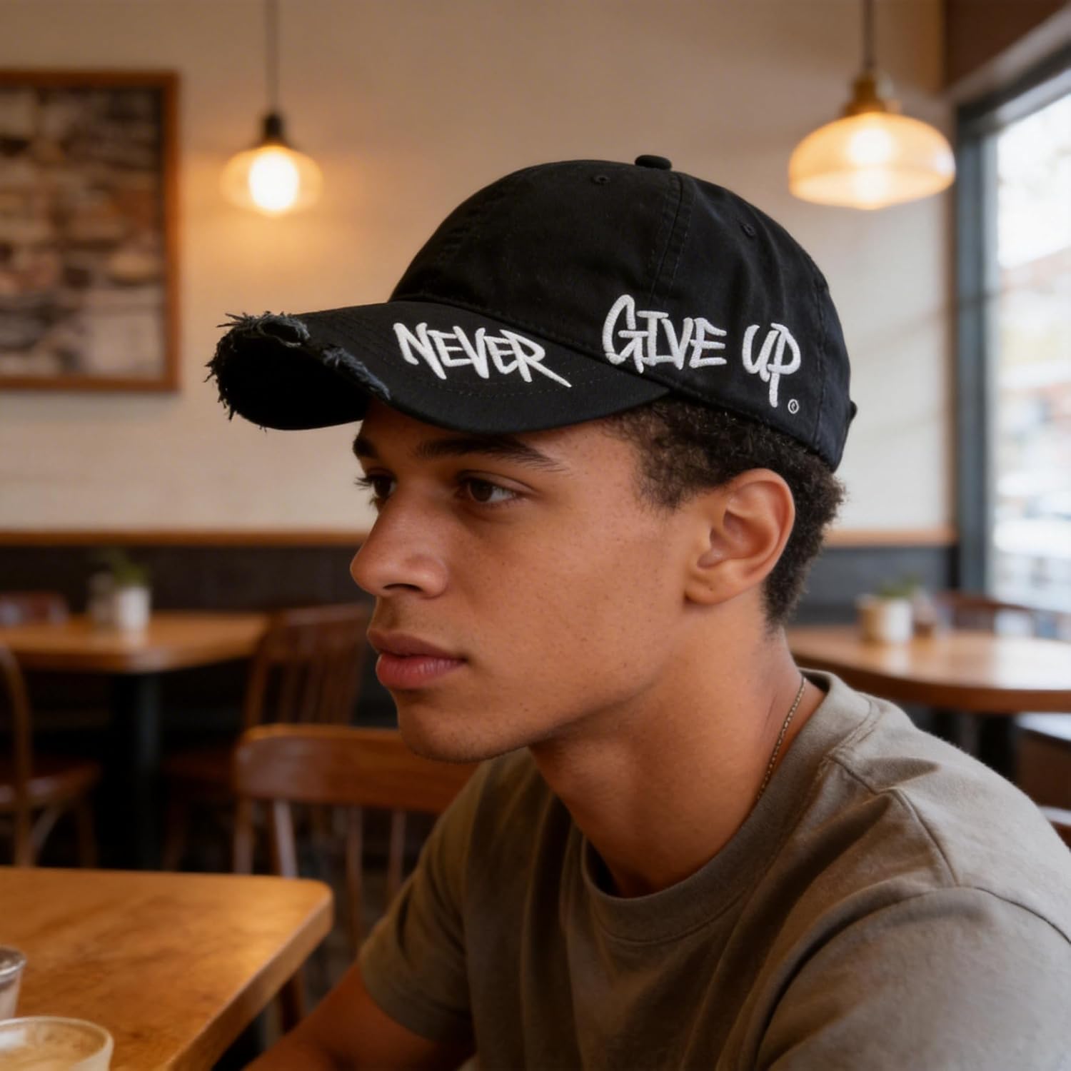Never Give Up Distressed Cap Embroidered Hat Baseball Cap for Men Women Trucker Dad Hat Novelty Vintage Retro Material Cap