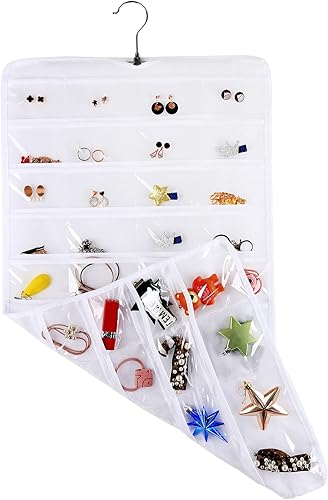 Miniatura 8 de AARAINBOW Paquete de 2 organizadores de joyas colgantes de doble cara, 128 bolsillos y 8 cintas mágicas, organizador de accesorios para aretes,