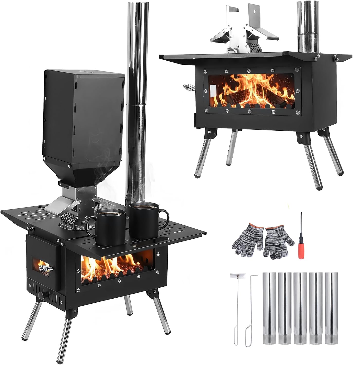 ETOYA Stove with Stainless Steel Construction Particles Heating Firewood Stove Chimney Pipes Included for Outdoor Heating & Cooking Ice Fishing Hunting