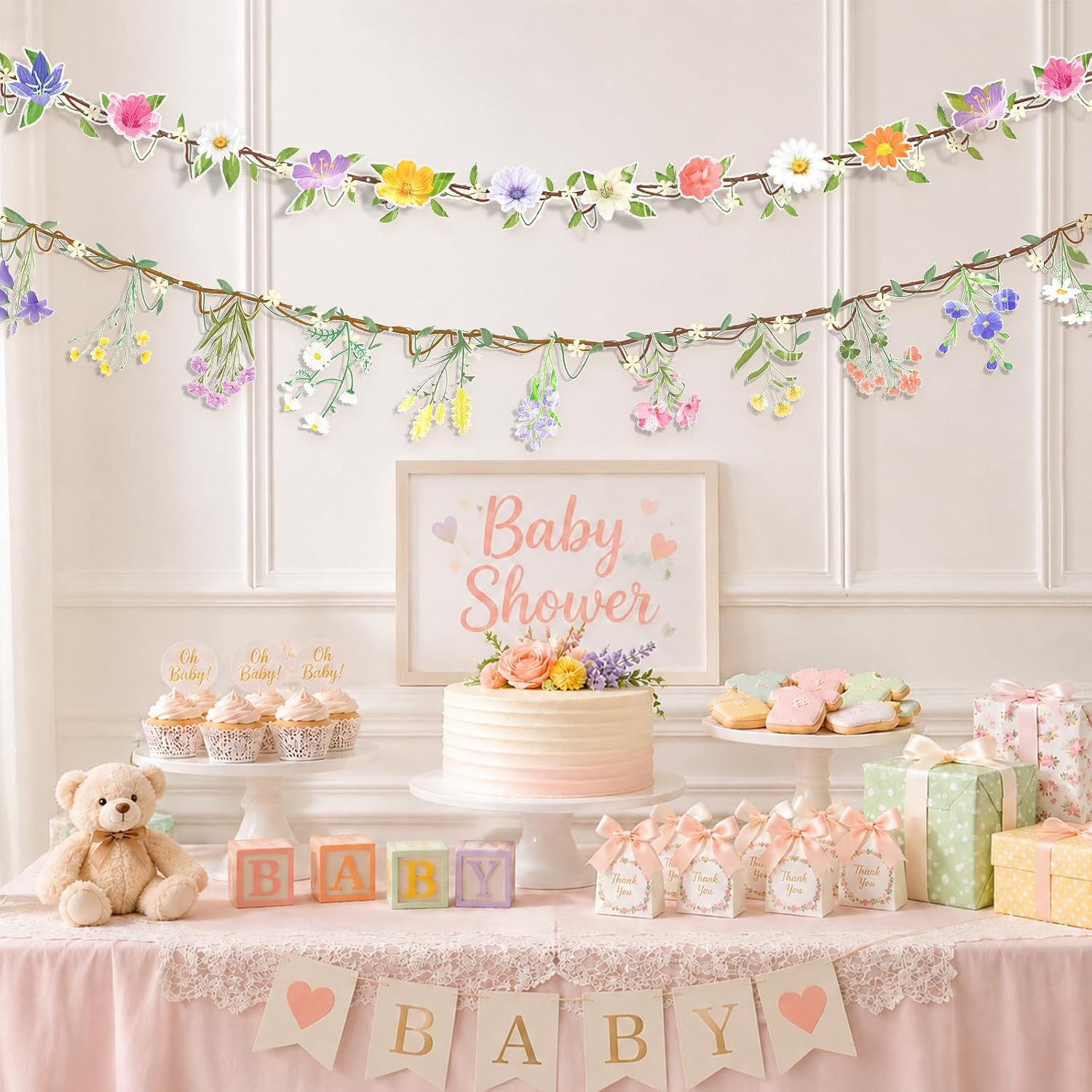 2pcs Flower Garland Banner, 16.4ft Reusable Plastic Wildflower Garland Floral for Spring Tea Wildflower Party Enchanted Garden Theme Wedding Wild Birthday Baby Bloom Picnic Backdrop Mother's Day Decor image 3