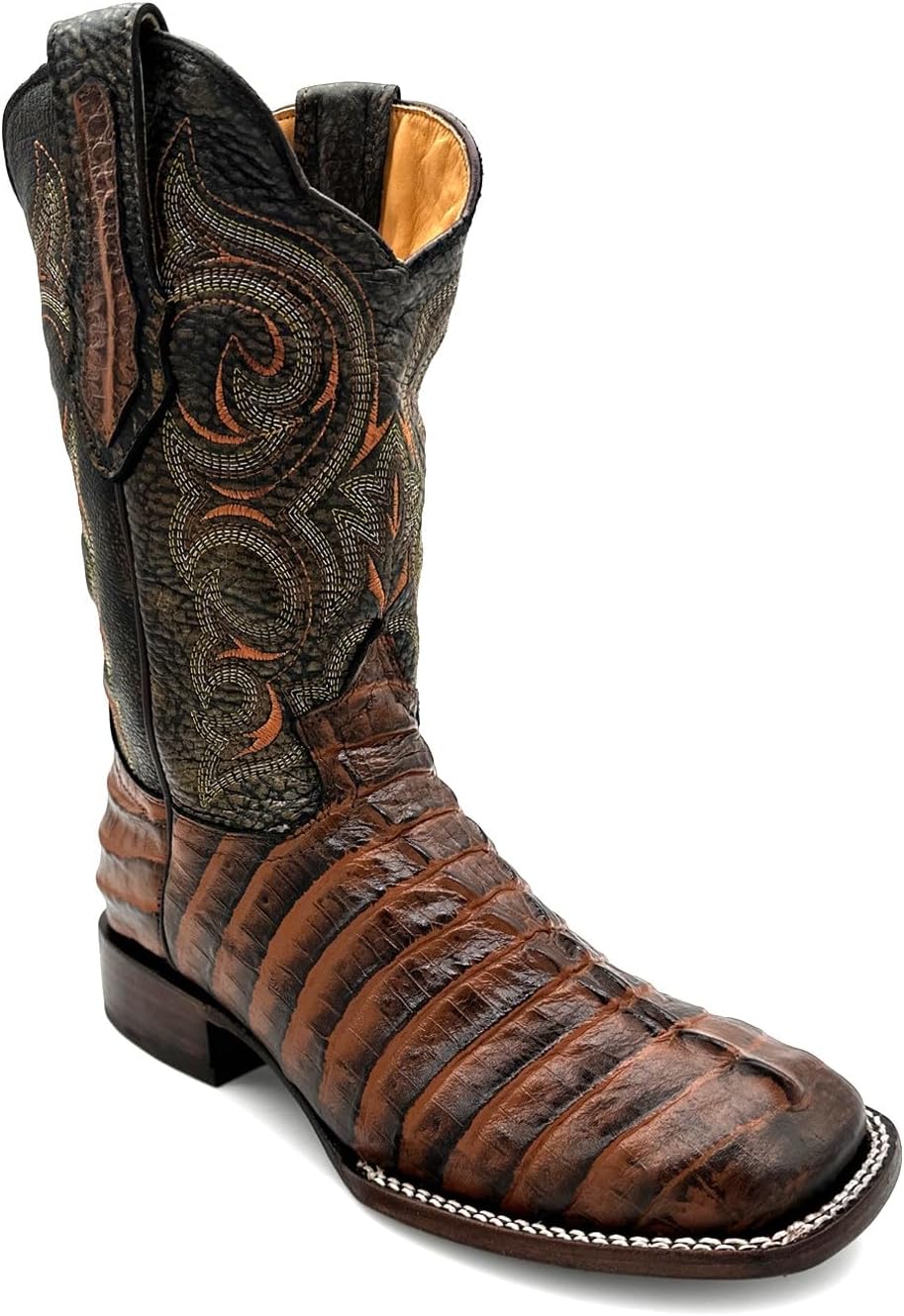 The Western Shops Mens Leather Alligator Tail Print Square Toe Western Cowboy Boot