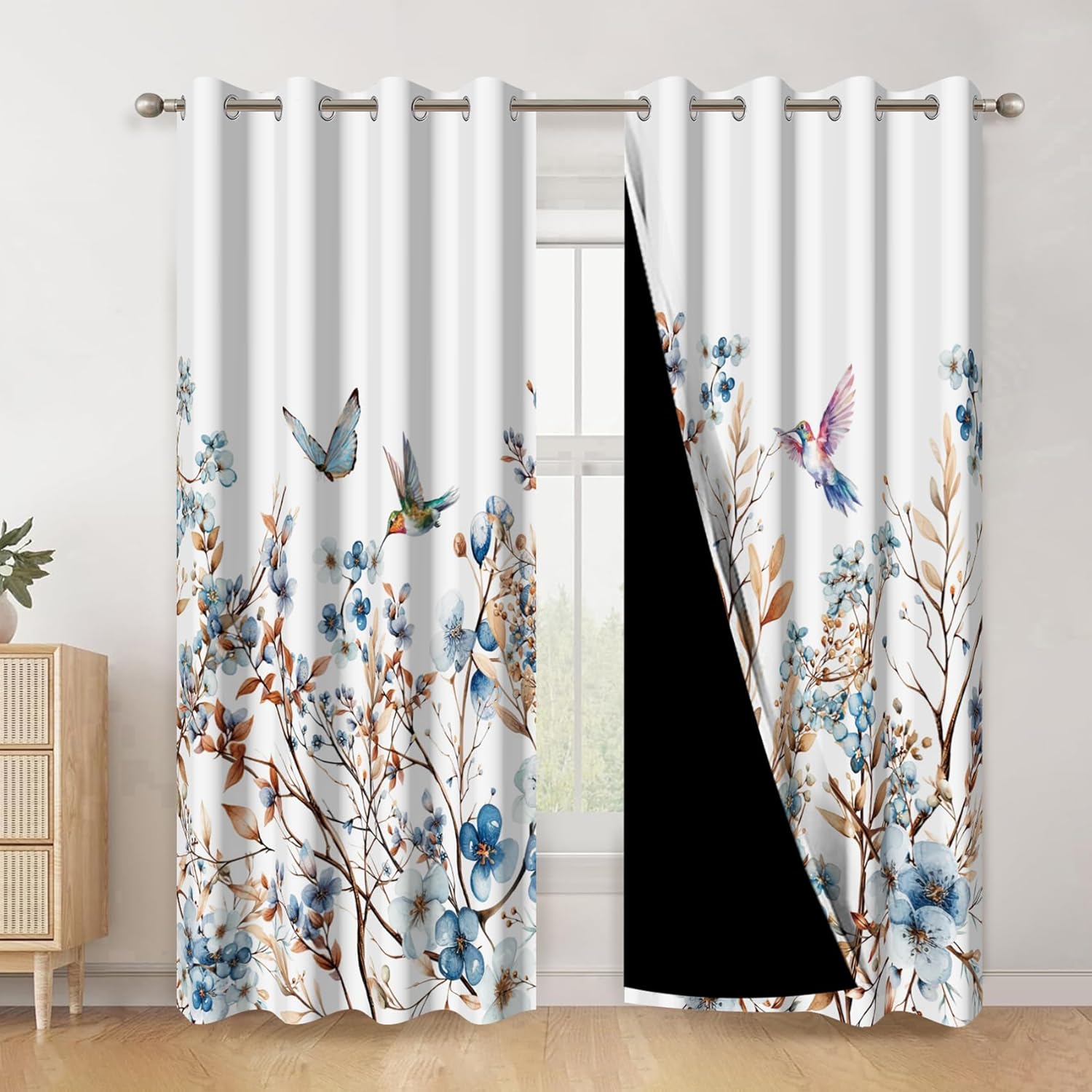 AWERT Floral Blackout Curtains 63 Inches Long 2 Panels Blue Watercolor Flowers Butterfly Colorful Bird Romantic Plants Window Drapes Thermal Insulated for Living Room Bedroom Each Size 26x63 Inches