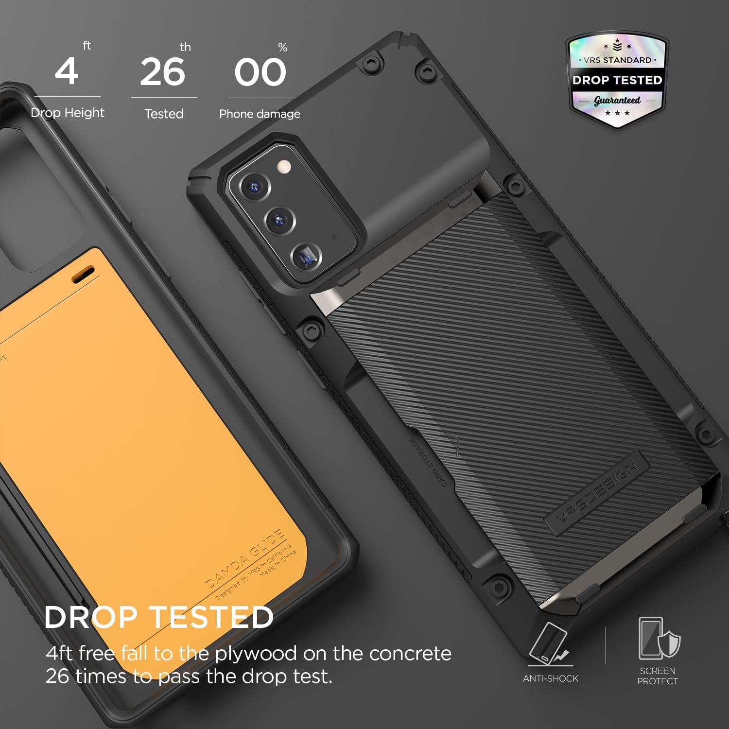 VRS DESIGN Damda Glide Pro Phone Case for Galaxy Note 20, with [4 Cards] [Semi Auto] Premium Sturdy Credit Card Slot Wallet for Samsung Galaxy Note 20 5G 6.7 inch(2020) Logo Black