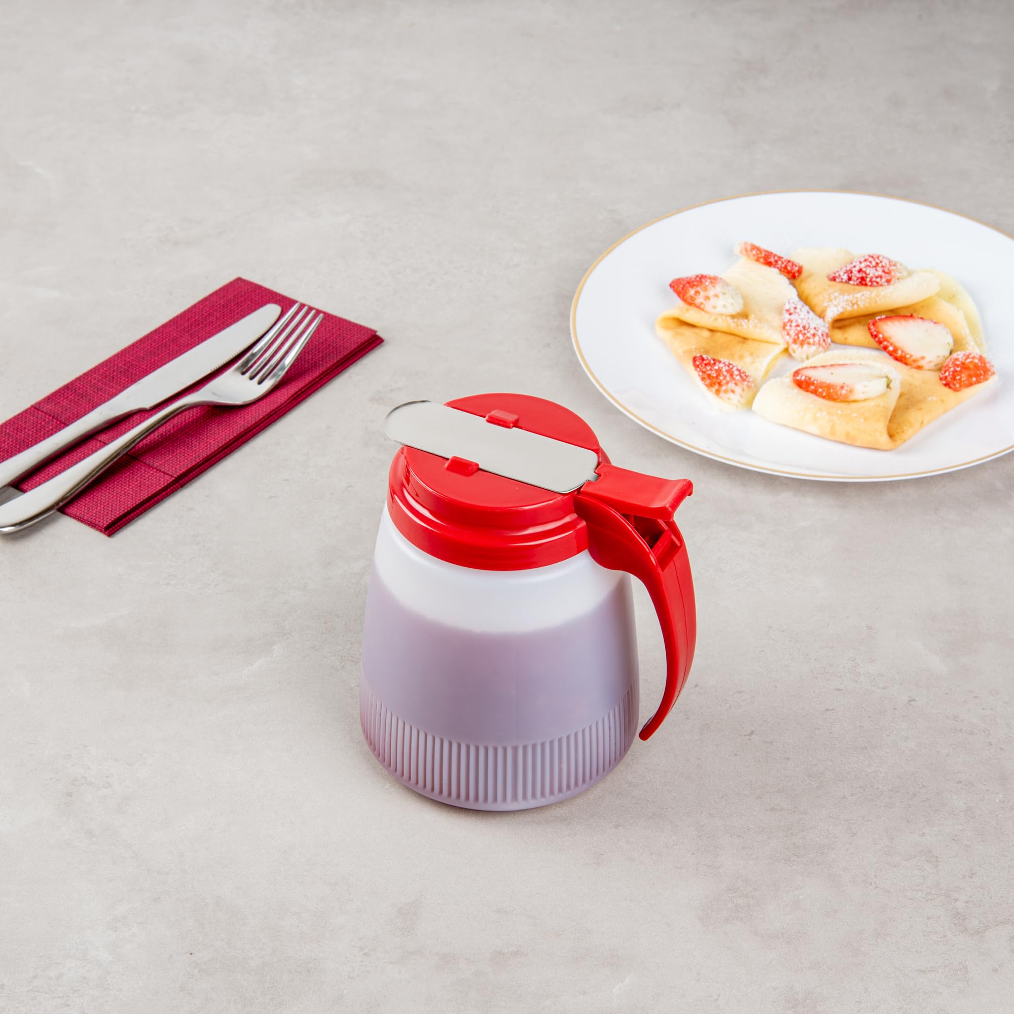 Restaurantware RW Base - Dispensador de jarabe multiusos de 32 onzas, 1 dispensador de miel, parte superior roja, cubierta deslizante de acero inoxidable, dispensador de jarabe de panqueques de