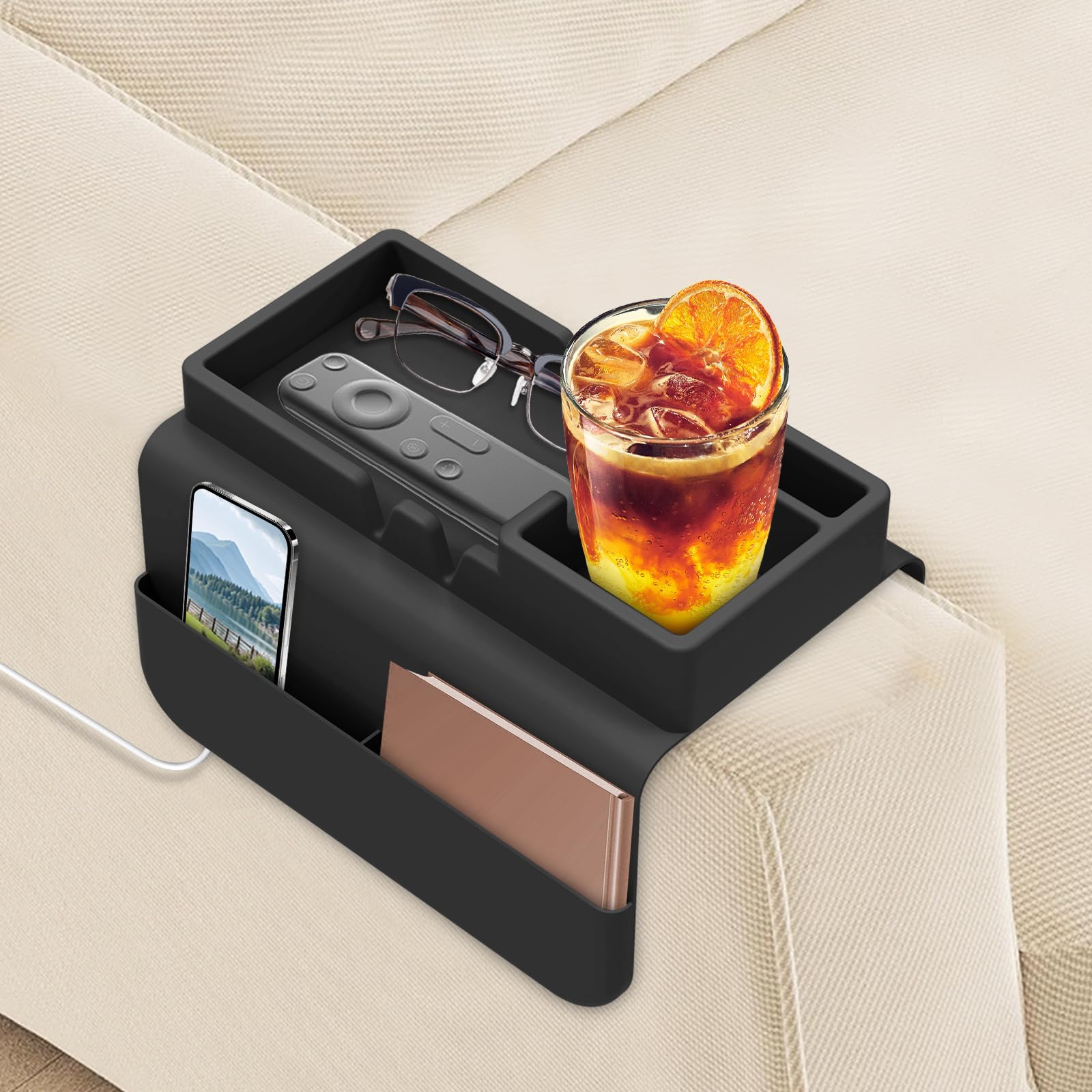 Couch Cup Holder,Silicone Sofa Armrest Tray,Armchair Tray with Dual Side Pockets,Anti-Spill Sofa Drink Holder Arm,Couch Arm Organizer for Drinks/Phone/Tablet/Remote/Snack(Black)