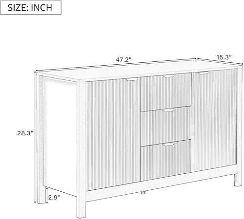 Miniatura 2 de Moderno gabinete de almacenamiento grande con patrón de ondas de 47 pulgadas con 2 puertas y 3 cajones, aparador de madera para entrada, mesa