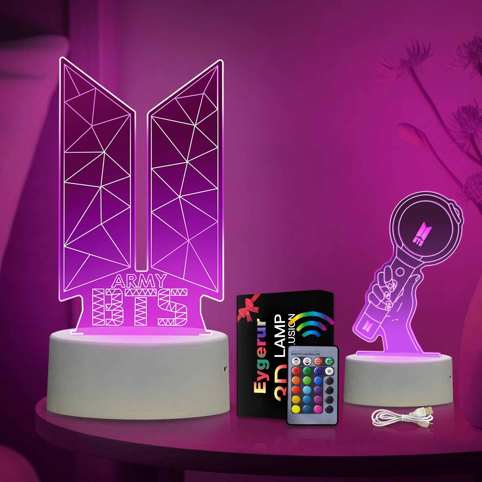 Eygerur Kpop - Luce notturna BTS, 16 colori, illusione LED 3D, lampada da tavolo con telecomando e Smart Touch, regalo per cantanti, amanti della musica, Natale, compleanno, amici, ragazze