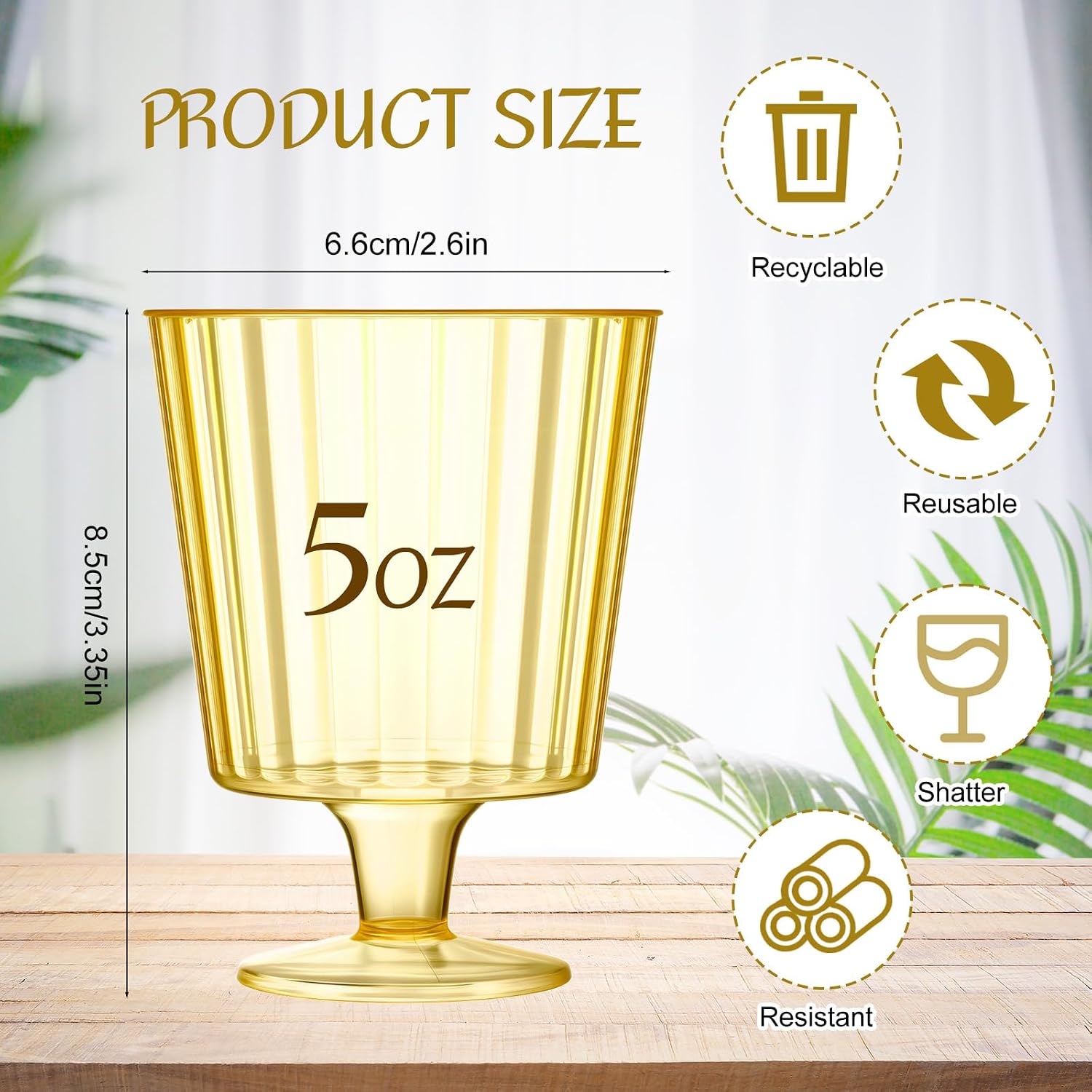 Reallnaive 24 Pcs 24 Pcs 5 oz Plastic Ribbed Goblet Wine Glasses with Stem, Reusable Retro Cups for Wine Bar Juice Baby Shower Wedding Reception Grand Event Party (Amber)