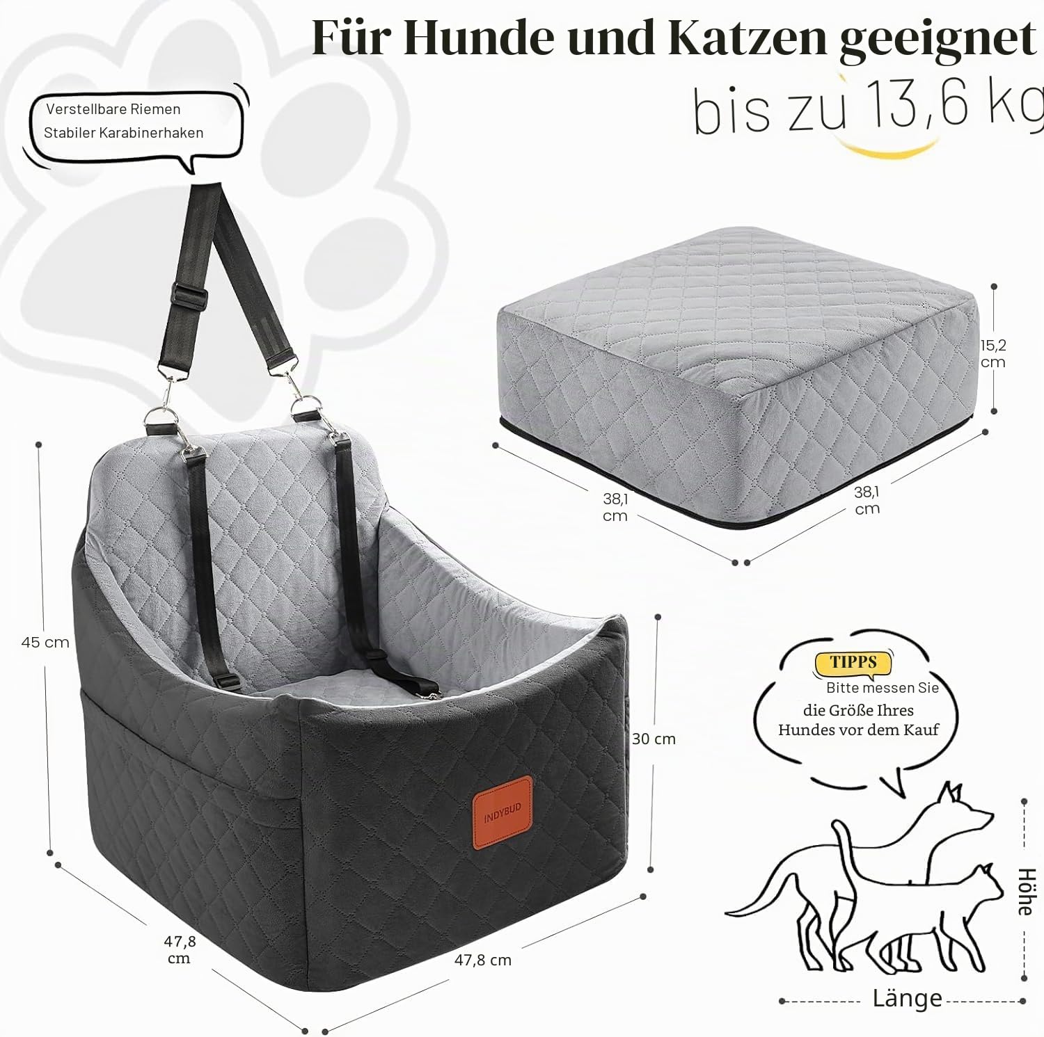 Hunde Autositz für Kleine/Mittlere Hunde, Memory-Schaum Erhöhter Hundesitz Auto, Abnehmbar & Waschbarer Hundebett Auto mit Aufbewahrungstaschen und Sicherheitsleinen (Schwarz Grau, Mittel)