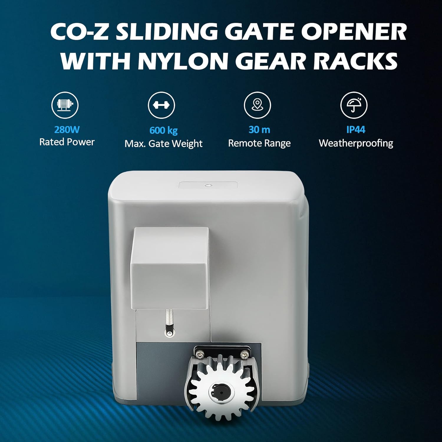 CO-Z Sliding Gate Opener with Nylon Gear Racks showing 280W Rated Power, 600 kg Max. Gate Weight, 30 m Remote Range, and IP44 Weatherproofing.