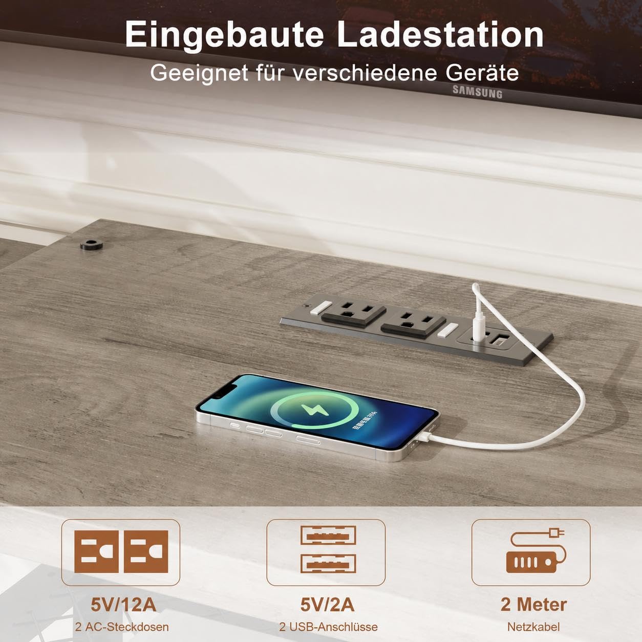 Garvee TV-Lowboard für Fernseher bis 75 Zoll – Modernes Medienmöbel mit LED-Beleuchtung, Steckdose – Offene Ablagen – Viel Stauraum als TV-Konsole oder Wohnzimmerschrank – Farbe: Grau