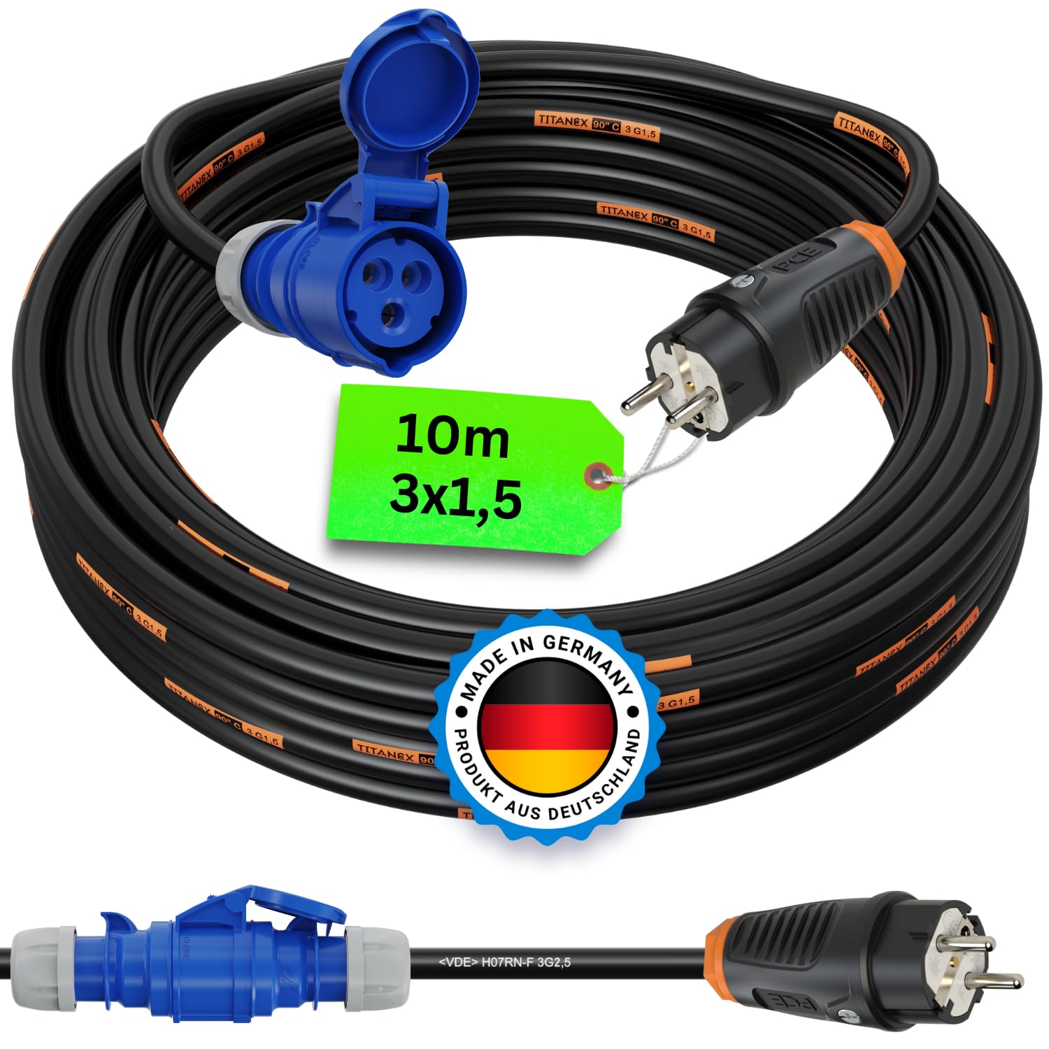 CEE Campingkabel Adapter Kabel Stromadapter Camping Schuko-Vollgummi-Stecker auf CEE Kupplung für Wohnwagen Wohnmobil TITANEX H07RN-F 3G1,5mm² 16A 230V 10m