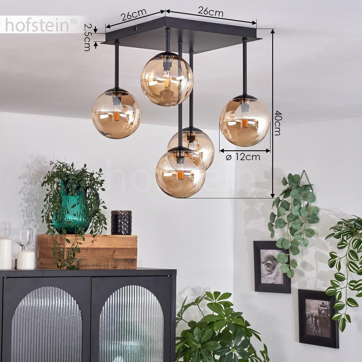 Plafonnier Chehalis, plafonnier en métal/verre noir/ambre, luminaire au design rétro/vintage avec abat-jour en verre (Ø 12 cm), 5 x G9 LED, sans ampoules