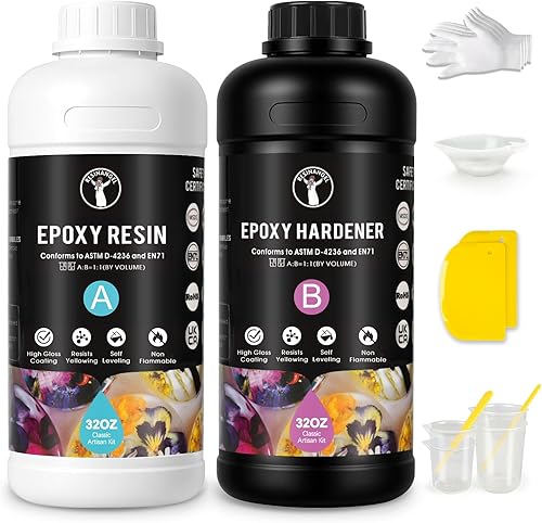 ResinAngel Kit de resina epoxi de 64 onzas, transparente, relación de mezcla 11, sin burbujas y autonivelante, resina no amarillenta para flores