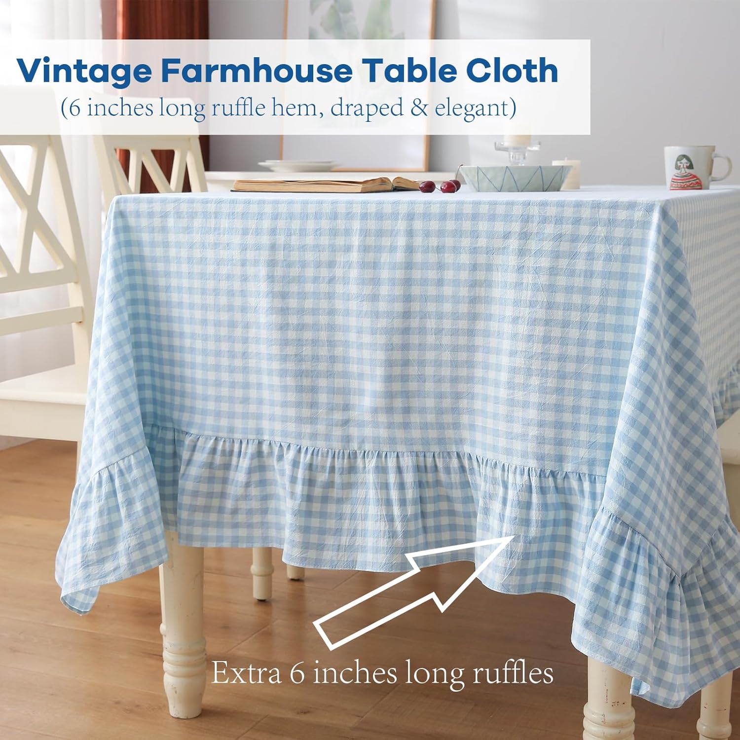 Light Blue White Plaid Gingham Ruffled Table Cloth Rectangular for Seat 8-10, 100% Washed Cotton Buffet Cottage Coquette Checker Vintage Decorative Tablecloth - 120"x60"
