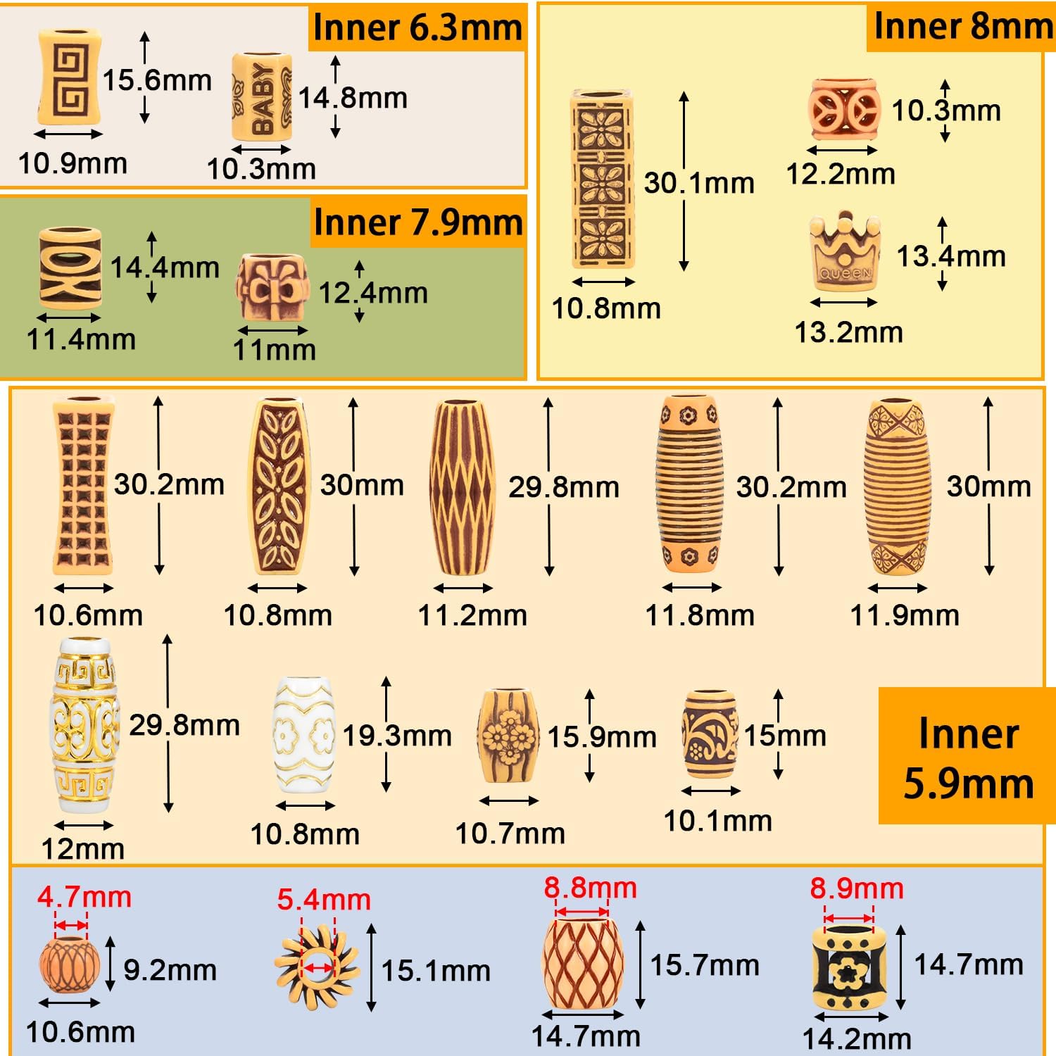 40pcs Plastic Hair Beads for Braids, 20 Styles African Hair Dreadlock Beads Assorted Textures Loc Hair Jewelry Boho Plastic Faux Wood Tube for Women Men Dreadlock Accessories Necklace Bag DIY Crafts - Image 2