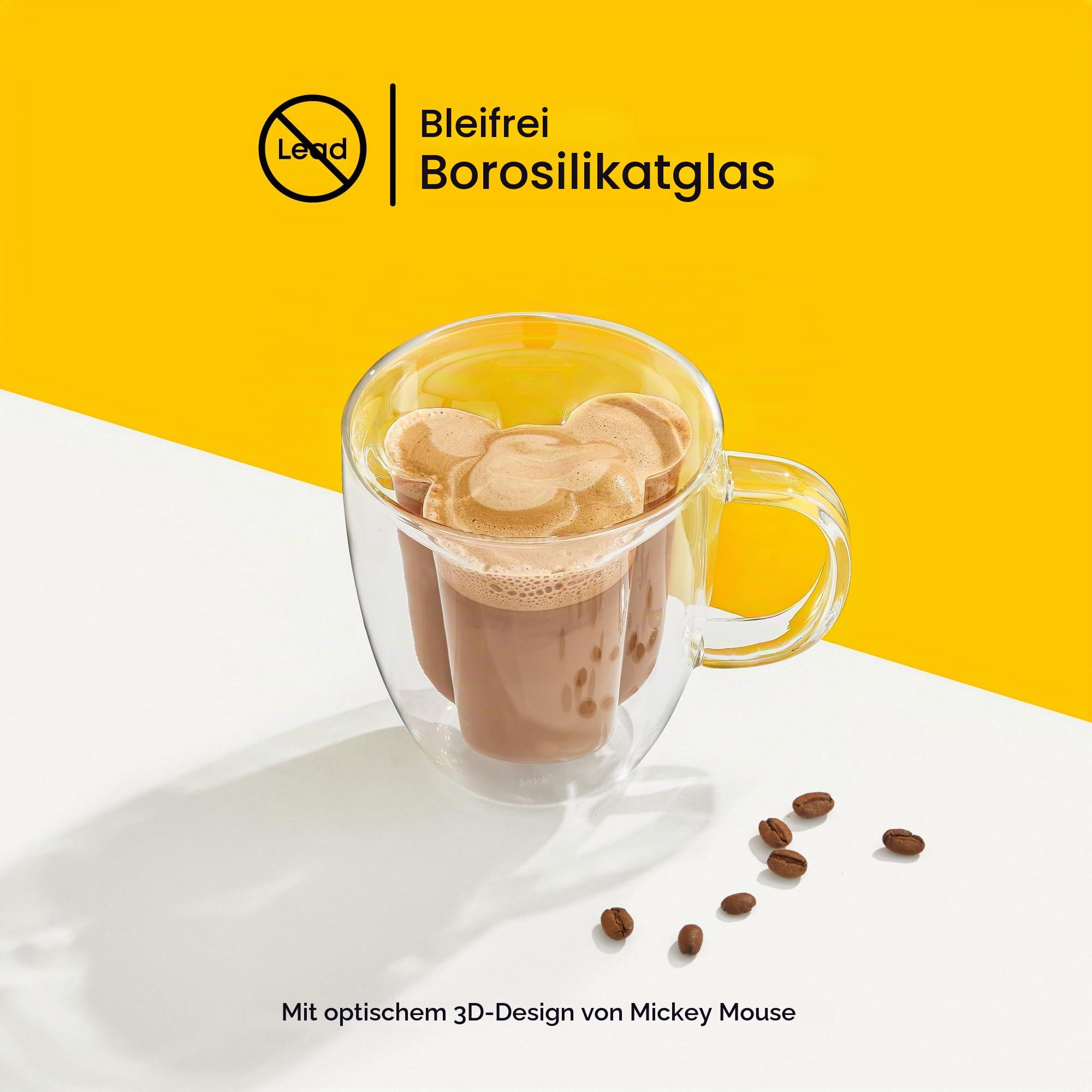 JoyJolt Disney Mickey Mouse 3D Glastassen 2er Set, 283.5 g Isolierte Doppelwand Glas Kaffeetassen mit 3D Design, Isolierte Disney Kaffeetasse Set, Einzigartige Tassen auch für Espresso