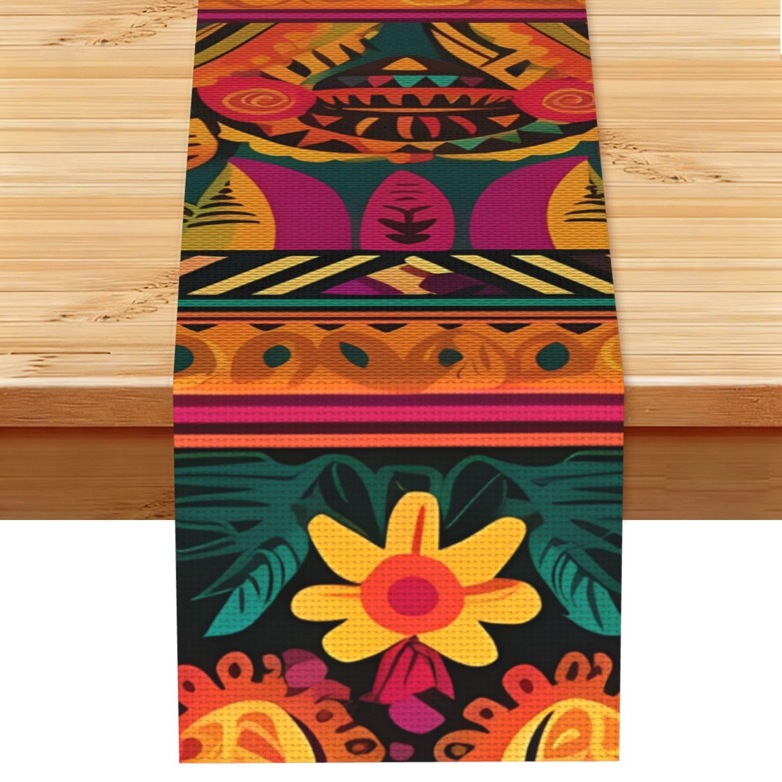 Mexican Folk Art Boho Table Runner 13 x 72 Inches Long, Cotton Linen Table Runners for Kitchen Dining Table Decoration - Washable Tablecloth Modern Tablerunner for Home Party Decor
