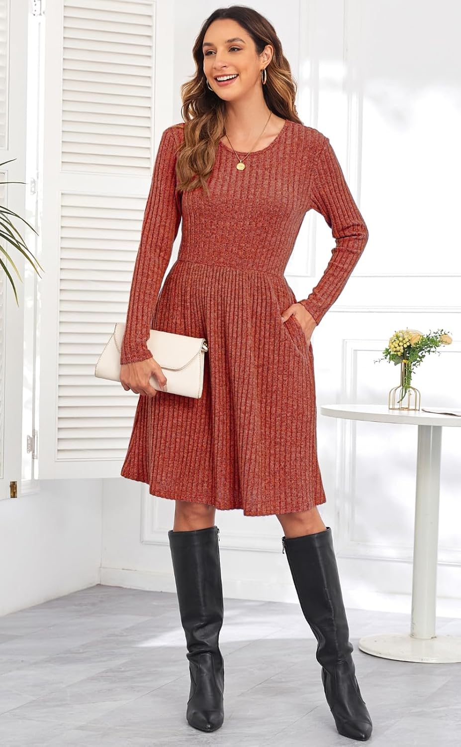 Women's Knit Textured Sweater Dresses Long Sleeve Loose Casual Pleated Fall Dress with Pockets,Caramel, 2XL - Image 2