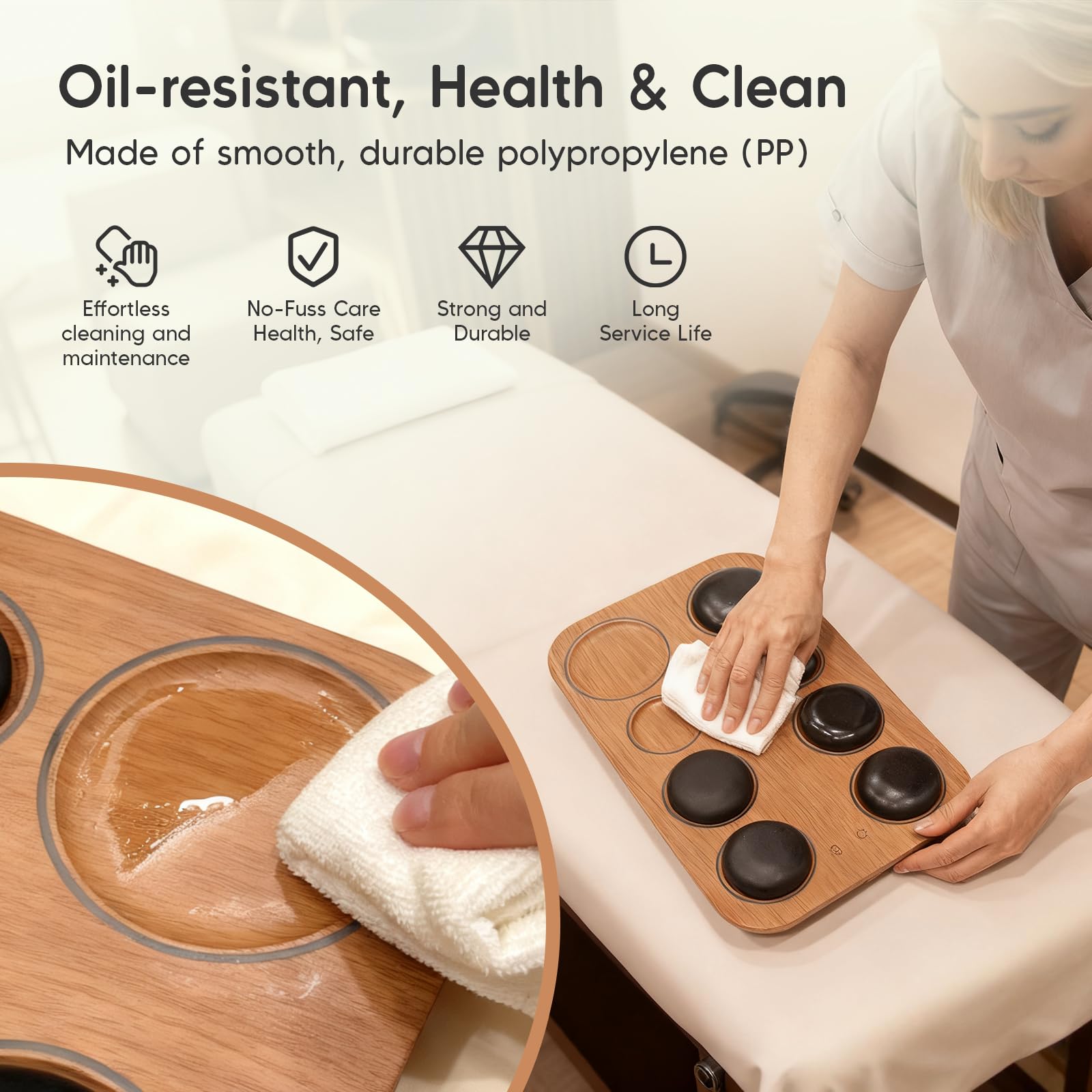 Lot de 8 pierres chaudes avec chauffe-pierres de basalte pour soulager la douleur des tissus profonds, relaxation musculaire et thérapie du stress – Kit de spa à domicile avec lumière ambiante