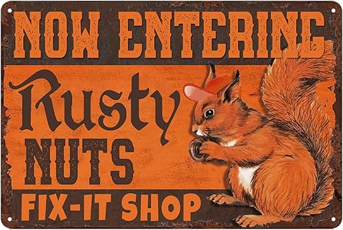 Letrero divertido de metal vintage para taller de reparación, letrero de hojalata con texto en inglés "Now Entering Rusty Nuts Fix-It Shop Sign"