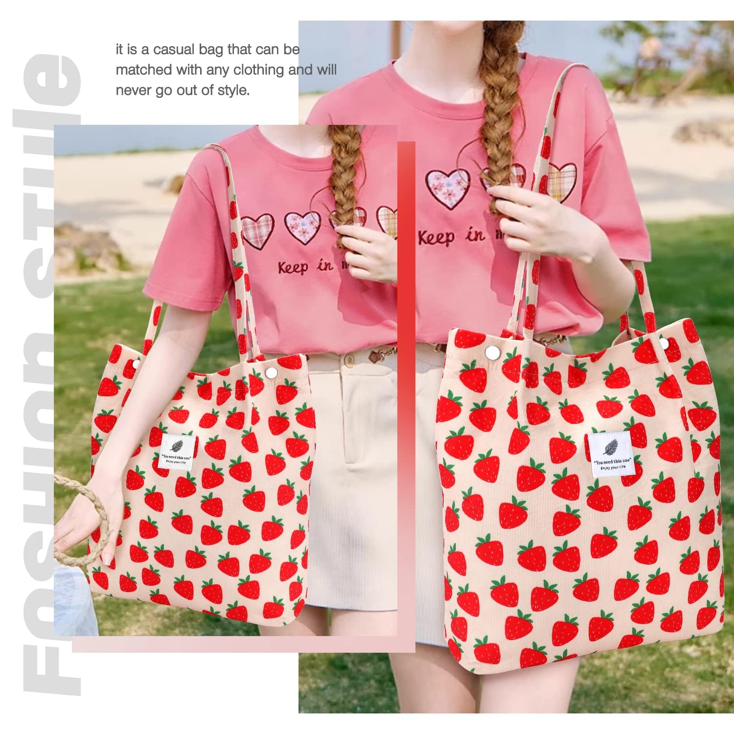 Sac fourre-tout en velours côtelé pour femme, sac fourre-tout en velours côtelé réutilisable de grande capacité avec poche intérieure, parfait pour l'école,le travail,les voyages et le shopping