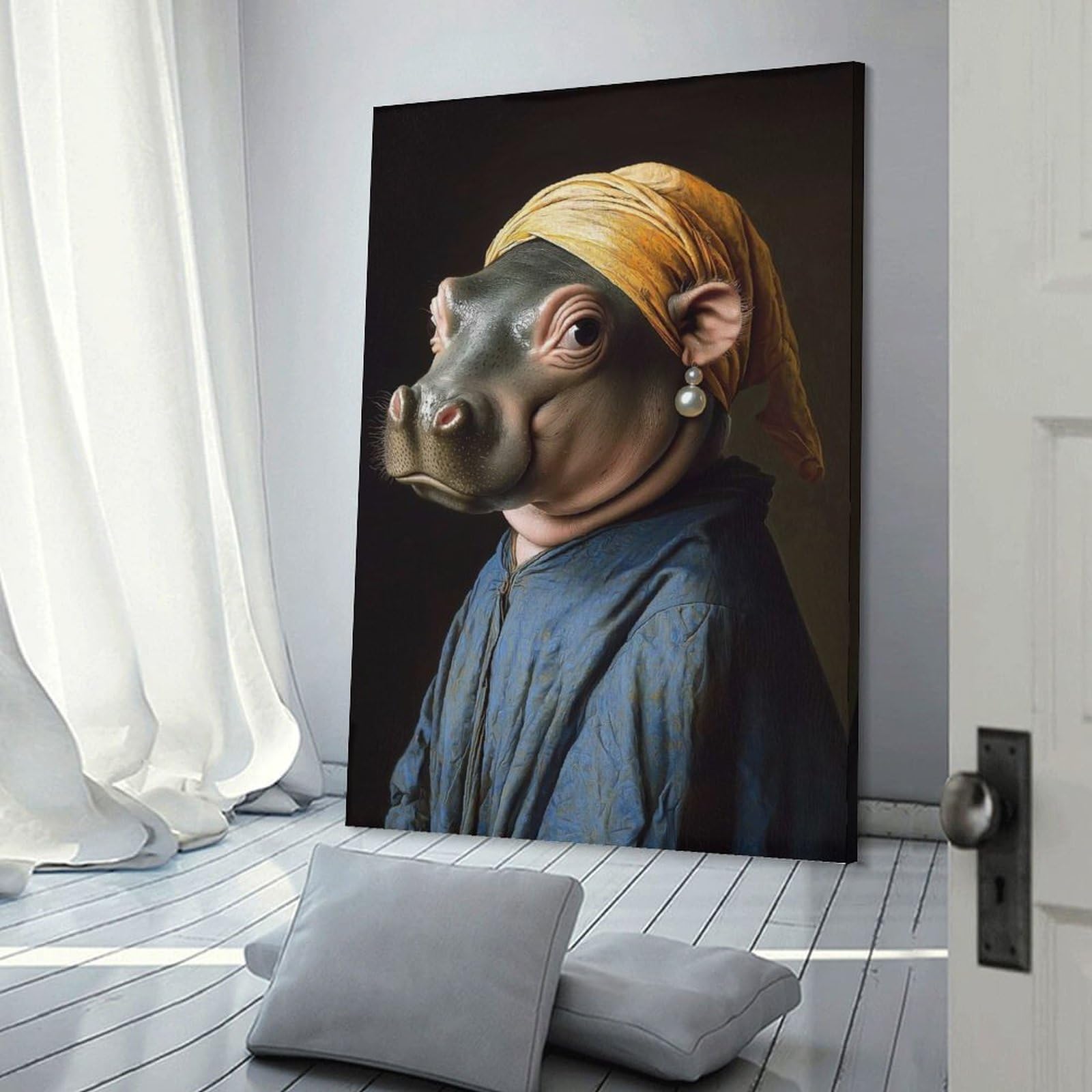 Junmoney Canvas Art Print Hippo Girl with Pearl Earring, 08x12inch(20x30cm), for New Homes, Bedrooms Or Workspaces, Thoughtful Wall Decor for Art Lovers