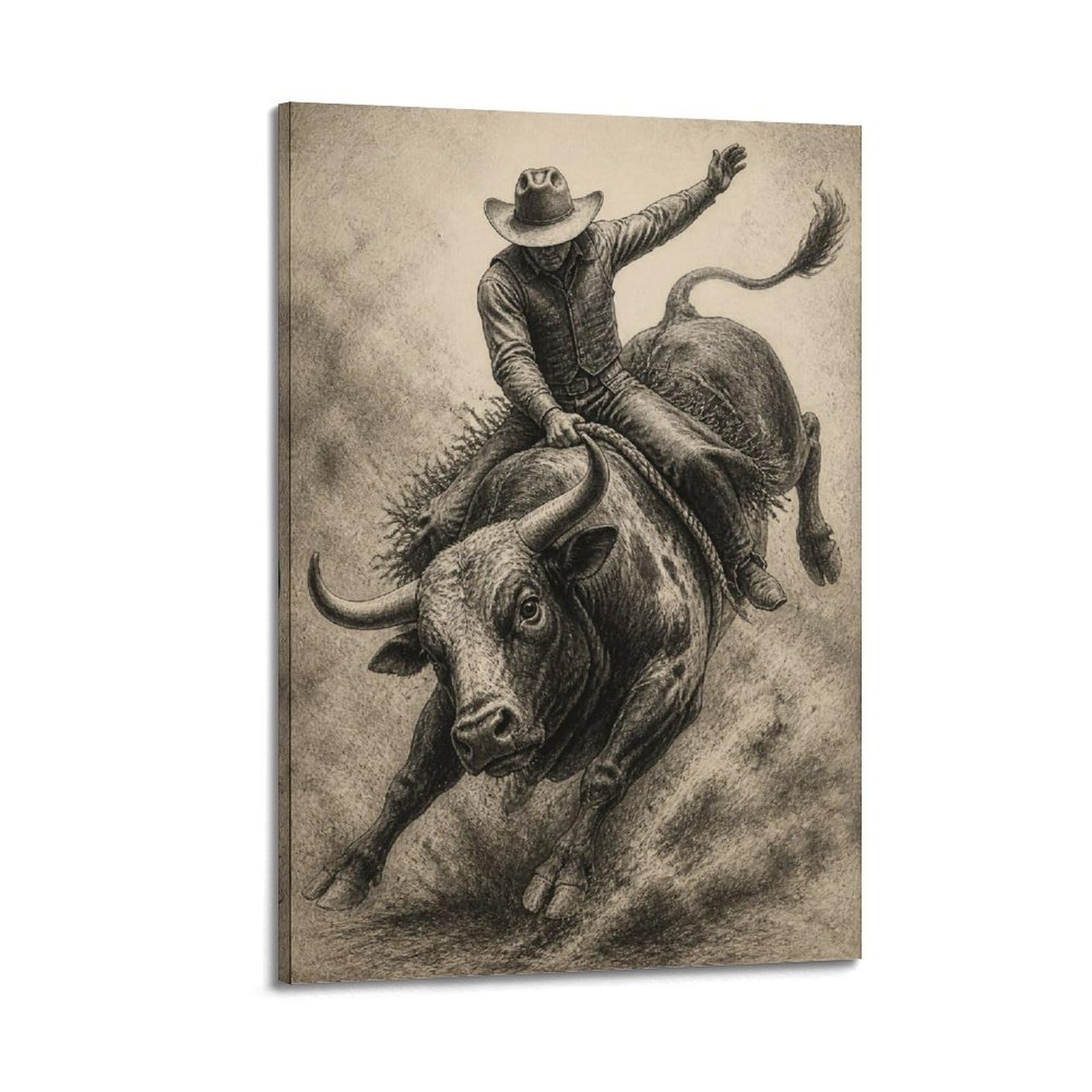 OKAHYS Monochrome Rodeo Bull Rider Poster Western Sports Rustic Ranch Modern Decorative Canvas Prints - Ideal Wall Art for Family, Man Cave, Game Room, Boys & Girls Bedroom 20x30inch(50x75cm)