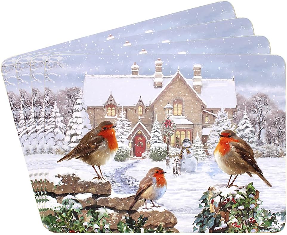 The Leonardo Collection Macneil Studios Christmas Robins Placemats Set of 4 For Home & Kitchen | Easy Clean & Washable Place Mats For Dining Table | Non Slip Table Mat For Dinner Plates & Decorations