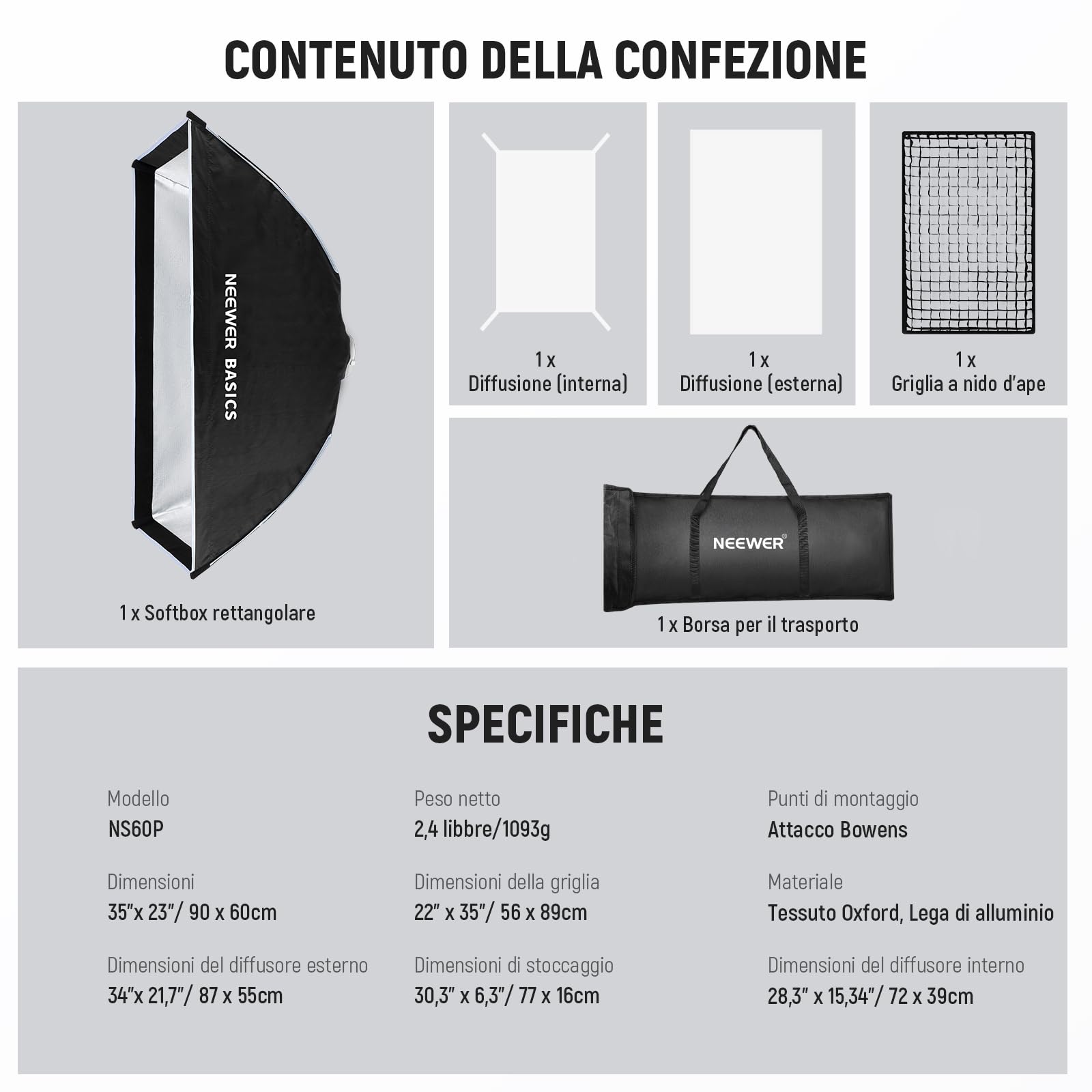 NEEWER BASICS Softbox Striscia ad Attacco Bowens, 60x90cm Soft Box a Sgancio Rapido con Diffusori Luce/Griglia/Borsa Compatibile con Aputure 150c Godox SL60w, per FS300C FS150B HB80C CB200C Q6, NS60P
