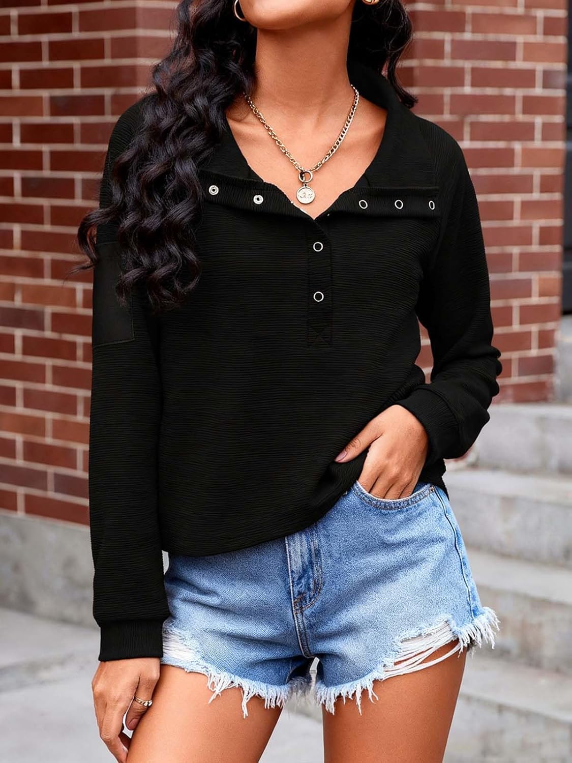 Womens Cropped Sweatshirts Henley V Neck Long Sleeve Button Pullover Lightweight Casual Tops - Image 2