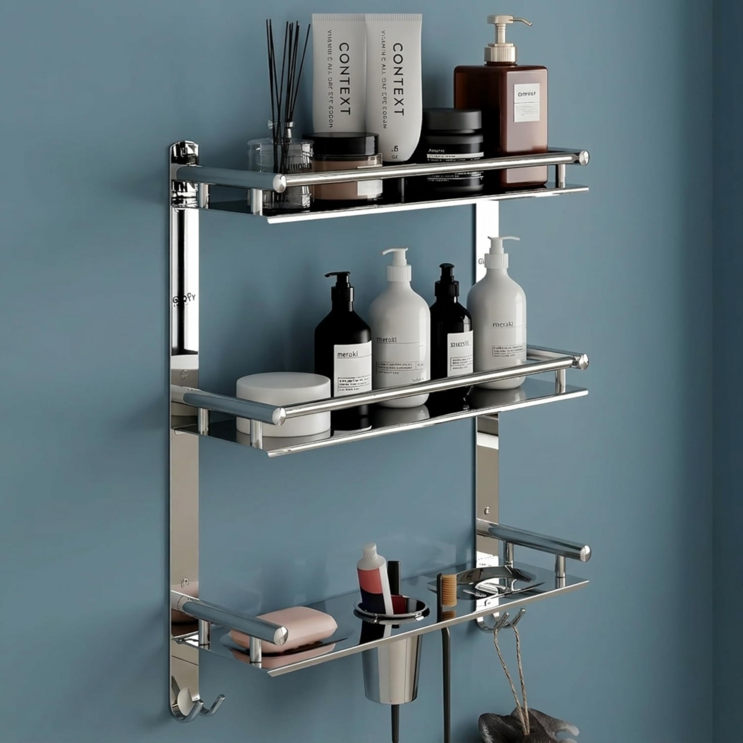 Gloxy Premium Stainless Steel Bathroom Shelf - 3 Tier Chrome Finish Wall Mount Bathroom Shelf Rack with Soap Dish, Toothbrush Holder & Multipurpose Hooks - Home Decor Bathroom Fittings Accessories Set