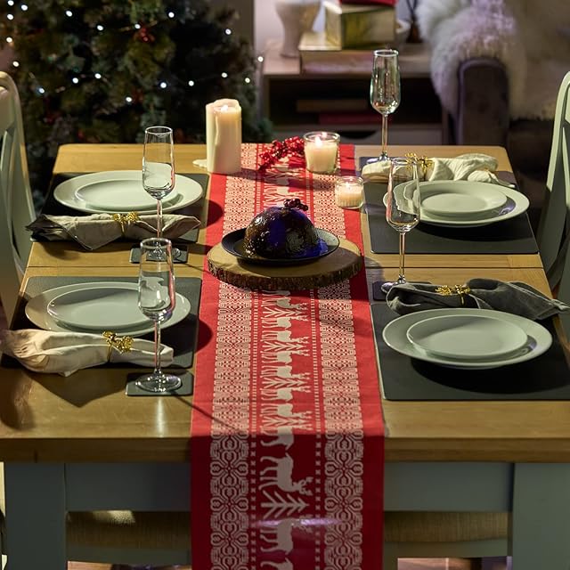 SA Products Christmas Table Runner - Colourful Reindeer Linen Table Runner for Holiday Season - Non-Slip & Durable Fabric - Xmas Runner Decoration for Family Dinner, Parties - Red & White, 28x270cm